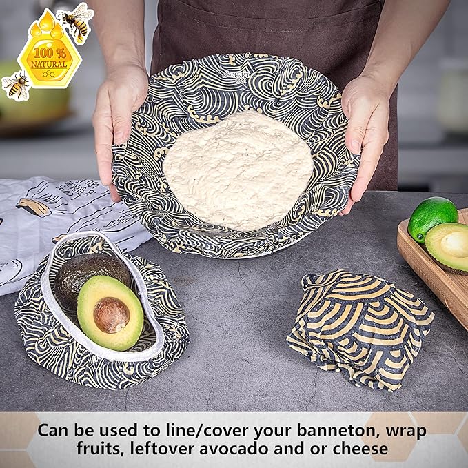 Li’l Things Beeswax Bowl Covers – Reusable Wraps Set of 5 | Organic Cotton, Beeswax & Jojoba | Eco-Friendly, Washable Lids for Bread Proofing, Jars, Pet Food (XS–XL) - Japanese Waves
