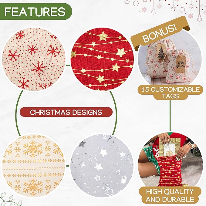 12 Pack Reusable Christmas gift bags with 15 gift tags. Gift sacks. Fabric drawstring holiday gift bags in assorted sizes. Xmas bags for presents, parties & stocking stuffers. (CE2)