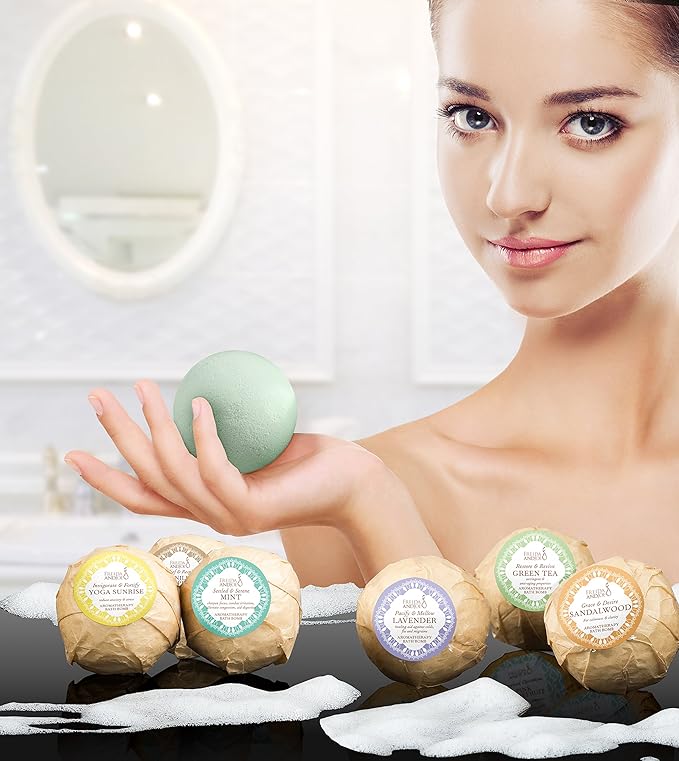Home Spa Gift Basket Calming Relaxation Aromatherapy Bath Bombs, 6 Refreshing, Aromatic Scents to Moisturize, Revitalize, Rejuvenate Mind, Body & Soul