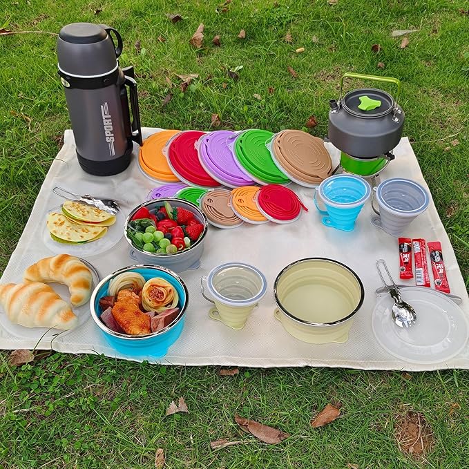 Mess Kit for Camping Silicone Collapsible Bowl Collapsible Cup and Stainless Steel Spoon for Backpacking Outdoor Hiking Traveling and Picnic - 4 Pack