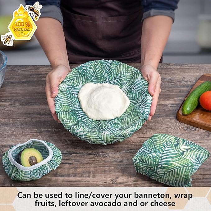 Li’l Things Beeswax Bowl Covers – Set of 5 (XS–XL) | Palm Leaves | Tropical Reusable Food Wraps | Organic Cotton, Beeswax, Washable & Plastic-Free Kitchen Storage Covers