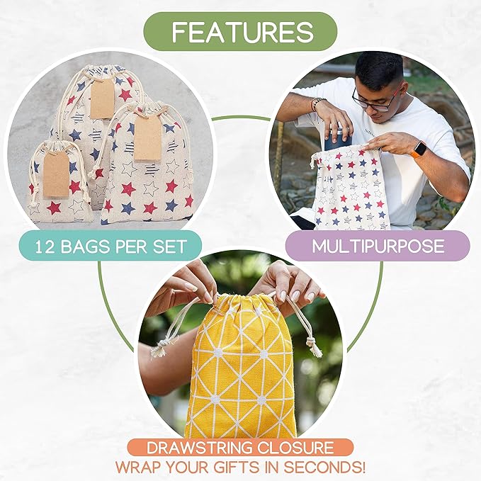 12 pcs Reusable gift bags. Bonus: 15 Gift tags & String. Multipurpose Gift wrap bags. Fabric gift bags. Gift bags assorted sizes for Holiday gifts, birthdays, parties. 1st Ed.