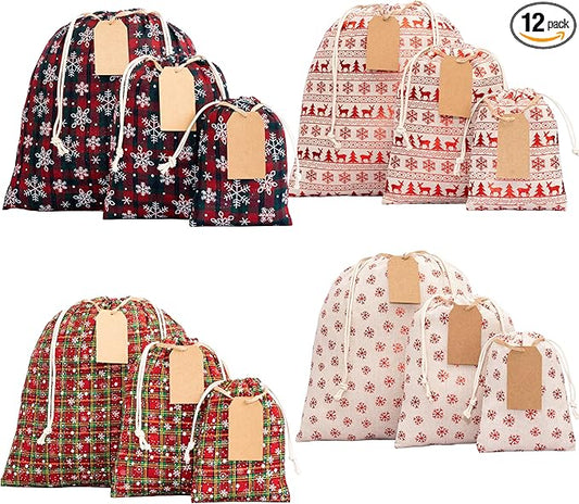 12 Pack Reusable Christmas gift bags with 15 gift tags. Gift sacks. Fabric drawstring holiday gift bags in assorted sizes. Xmas bags for presents, parties & stocking stuffers. (CE4)