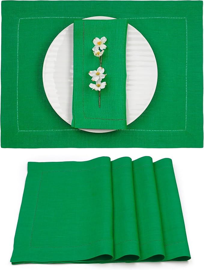 D'Moksha Homes Linen Placemats Set of 4 - Classic Hemstitch Kelly Green Placemats 14 x 19 Inch - 100% Pure Linen Table Mats for Christmas, Holiday - Handcrafted and Machine Washable