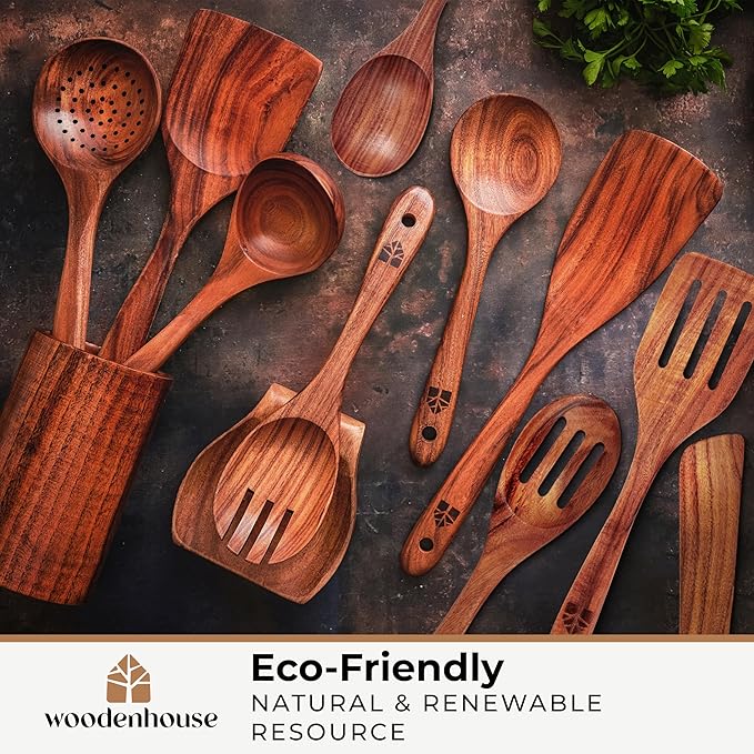 Wooden Spoons for Cooking – Wooden Cooking Utensils Set with Holder, Spoon Rest & Hooks, Teak Wood Nonstick Kitchen Cookware – Durable Set of 12pcs by Woodenhouse - Unique Kitchen Gifts for Women Men
