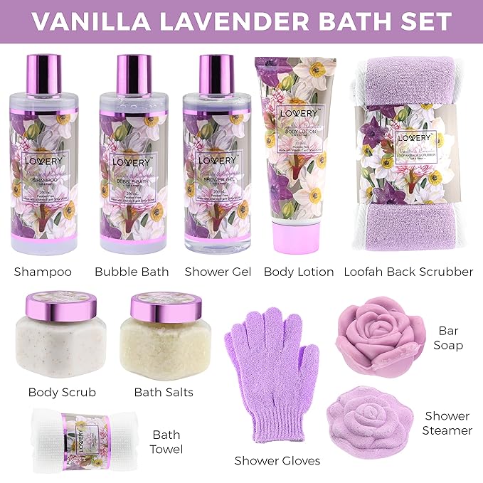 Christmas Gift Sets For Women, Gift Basket for Women & Men, Bath and Body Gift Basket, 13pc Vanilla Lavender Home Spa Set, Body Lotion, Bath Bomb, Shower Gloves Gift for Mom Thank You Birthday Gifts