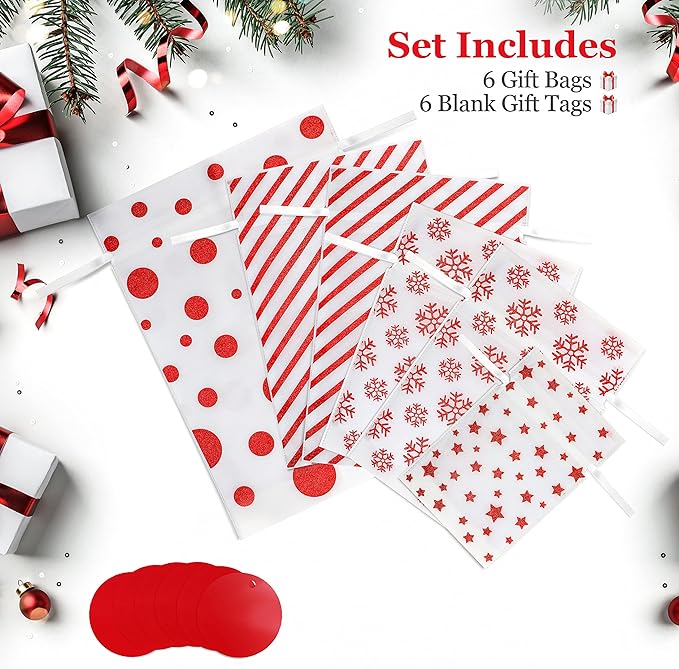 Fabric Gift Bags for Christmas Presents - 6 Pcs Gift Wrap Christmas Bags with Drawstring, Large Xmas Gift Bags for Presents, Reusable Xmas Bags for Gifts (Glitter Red, Assorted)