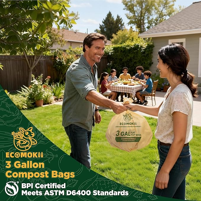 EcoMokii Compostable Trash Bags 3 Gallon, 120 Count, Extra Thick 0.8 Mil Small Compost Bags for Kitchen Countertop Bin, Food Scrap Bag Certified by BPI & OK Compost Home