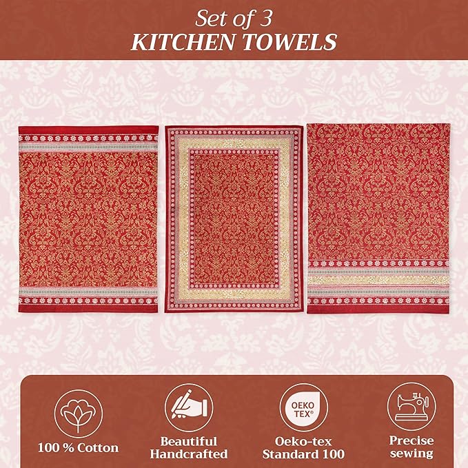 Maison d' Hermine Kitchen Towels Set of 3 100% Cotton 20" x 27.5" Reusable Cloth Tea Dish Towels Absorbent with Hanging Loop for Kitchen Dining Thanksgiving Christmas Decorations (Sofia)