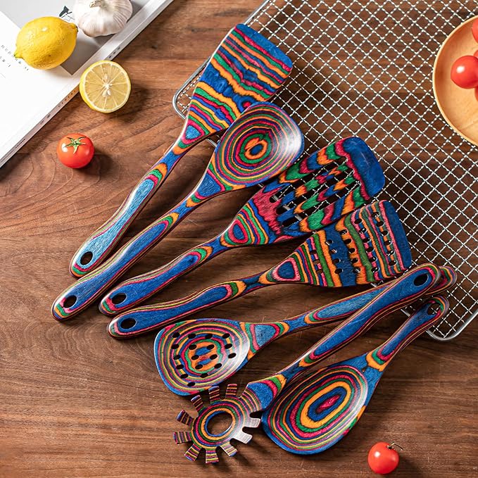 Gudamaye Pakkawood 7-Piece Blue Wooden Cooking Utensils - Wooden Spoons, Kitchen Utensil Set, Non-Stick Spoons