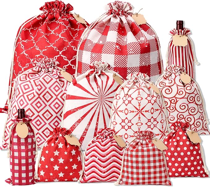 POPGIFTU 12 Pack Christmas Fabric Gift Bags with Drawstring — Reusable Red Canvas Holiday Gift Bags in Assorted Sizes with Gift Tags for Xmas Present Wrapping & Party Favors