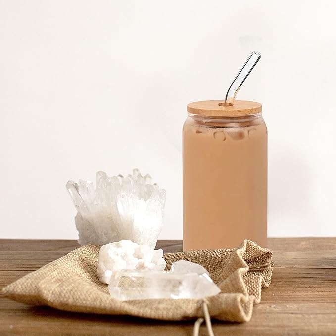 ANOTION Bamboo Lids for Can Shaped Glass, Mason Jar Lids with Straw Hole, 4 Reusable Bamboo Drinking Lid for Regular Mouth Mason Jar with 4 Reusable Glass Straw for Coffee Cup