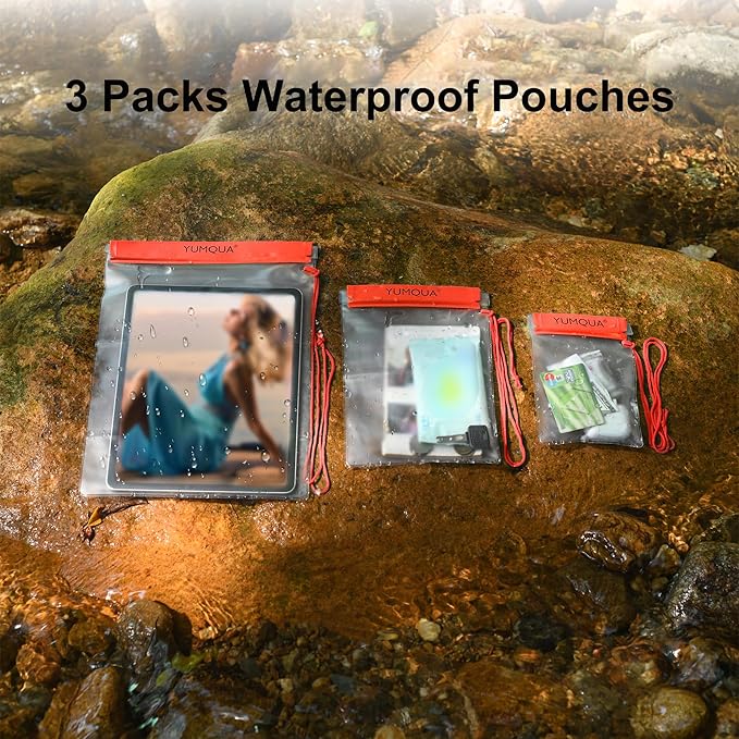 YUMQUA Clear Waterproof Bags, 3PACK Water Tight Cases Water Proof Pouch Small Dry Bags for Camera Mobile Phone Maps Pouch Kayak Military Boating Document Holder