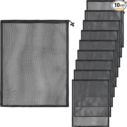 10 Pcs Mesh Drawstring Bag 16" x 20" with Cord Lock Closure, Durable Heavy Duty Nylon Mesh Bag for Travel Gym Laundry Swimming Soccer Ball Basketball Beach Toys Etc (Black)