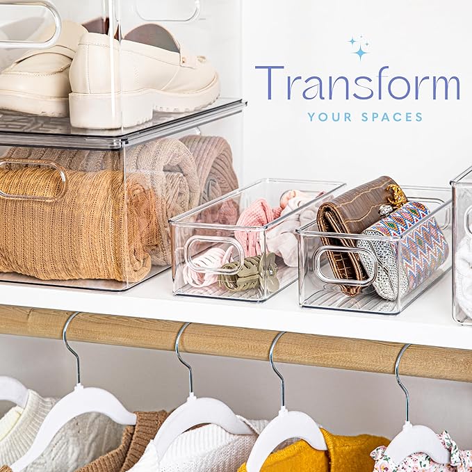 primebox Plastic Food Storage 8 Pack Clear Container Bin with Handles for Organizing Kitchen, Pantry, Fridge, Freezer, Pantry,Bathroom. Stackable 10"x4"3"