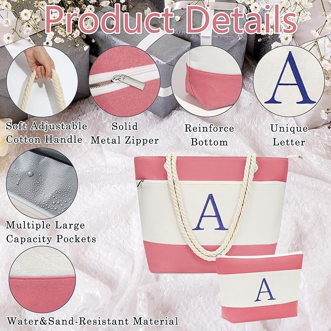 YOOLIFE Christmas Gifts for Women - Personalized Initial Canvas Beach Bags for Women Gifts for Mom Teacher Friend Birthday