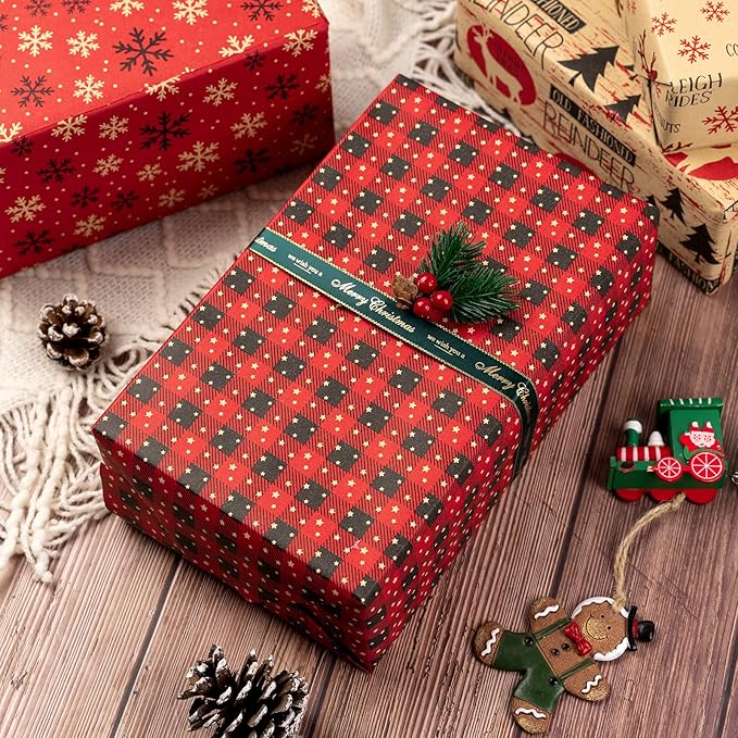 RUSPEPA Christmas Wrapping Paper, Kraft Paper - Red and Black Christmas Designs - 4 Rolls - 30 inches x 10 feet per Roll