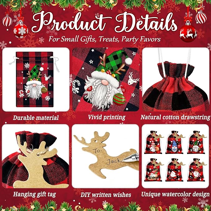 BORAMDO Christmas Burlap Gift Bags with Drawstrings 24Pcs, Buffalo Plaid Watercolor 12 Designs Christmas Gnomes Linen Wrapping Bags, Small Christmas Treat Candy Bags for Holiday Party Favor Supplies