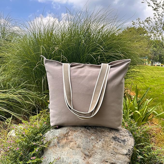 16OZ Cotton Canvas Zipper Closure Lined Grocery Shopping Beach Casual Multi Purpose Tote X-Large