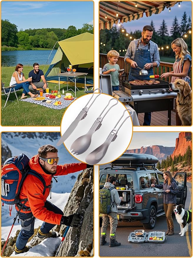 Reusable Camping Utensils Set Titanium, 3-Piece Spork Spoon Knife Combo with Case, Lightweight Foldable Flatware for Hiking, Backpacking, Travel & Workplace Lunch, Gifts for Men, Outdoorsmen, Campers