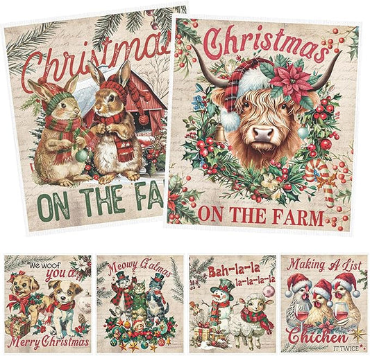 Christmas Swedish Dishcloths for Kitchen, 6 Pack Vintage Farm Animals Reusable Paper Towels Housewarming Gifts for Women, Xmas Absorbent Dish Rags for Home Cleaning