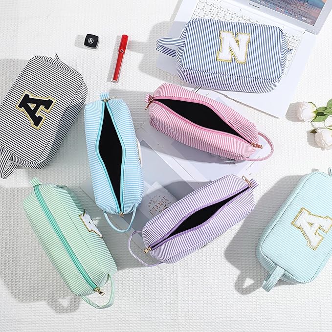 YOOLIFE Makeup Bag for Women - Monogram Cute Initial Blue Makeup Bags Cosmetic Toiletry Pouch Make Up Case for Women Her Best Friend Friendship Sister Teacher, Personalized Birthday Gifts for Women C