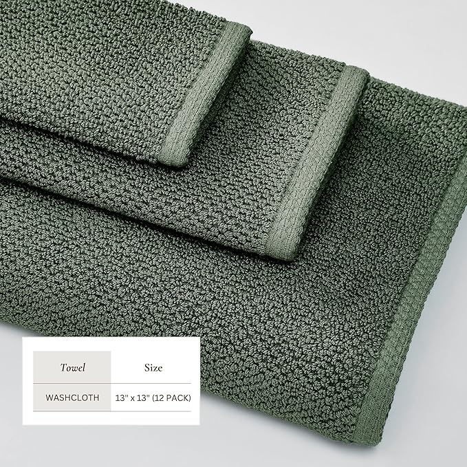 Great Bay Home Green Washcloth Set – 100% Cotton 12-Pack 13"x13", Absorbent & Quick-Drying, Soft & Durable