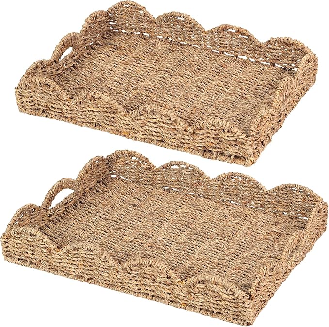 2Pcs - Scalloped Basket, Decorative Basket, Seagrass Tray (17 x 13 x 3 inch - 2Pcs) with Scalloped Edge and Built-in Handles, Rectangle Serving/Rattan/Wicker/Woven/Basket Tray