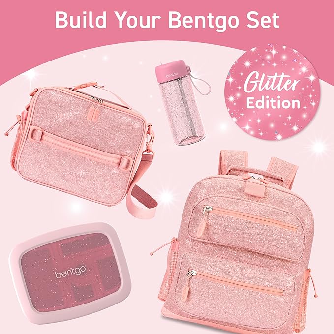 Bentgo Kids Water Bottle - Leak-Proof, Durable Tritan, BPA-Free 15 oz. Cup for Kids/Toddlers Ages 3+, Safe Sip Spout, Carrying Handle, & Dishwasher Safe for School (Glitter Edition - Petal Pink)