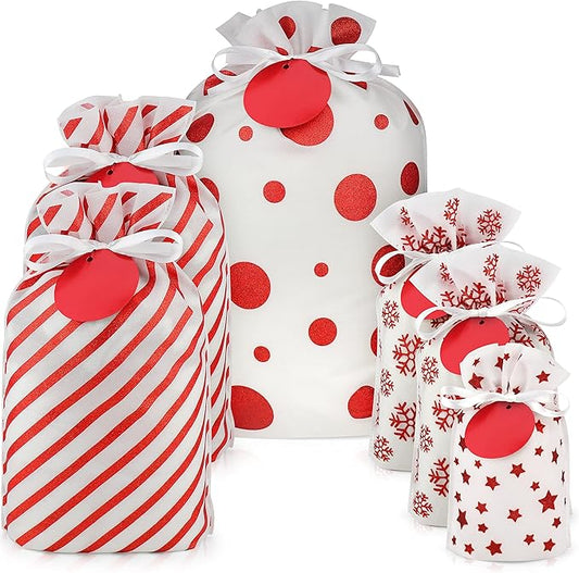 Fabric Gift Bags for Christmas Presents - 6 Pcs Gift Wrap Christmas Bags with Drawstring, Large Xmas Gift Bags for Presents, Reusable Xmas Bags for Gifts (Glitter Red, Assorted)