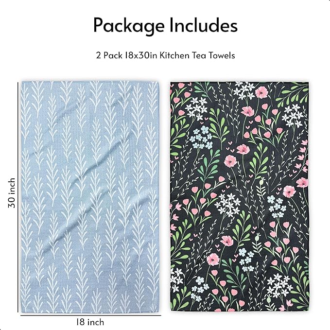 Kitchen Towels, 18" x 30" Dish Towels for Kitchen Drying, Quick Dry Tea Towels, Premium Microfiber Dish Cloths, Midnight Bloom Series, 2-Pack