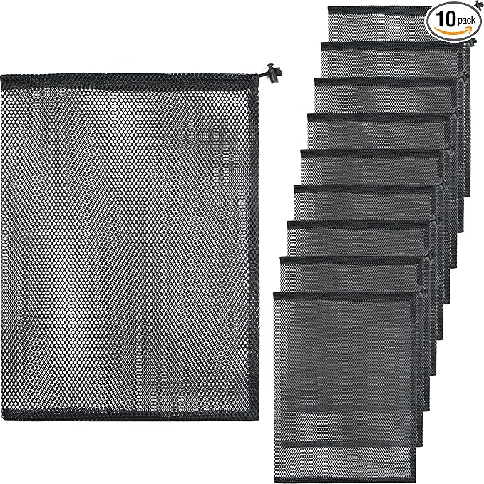 10 Pcs Mesh Drawstring Bag 12" x 16" with Cord Lock Closure, Heavy Duty Nylon Durable Mesh Bag for Laundry Swimming Gym Travel Beach Toys Mushroom Foraging (Black)
