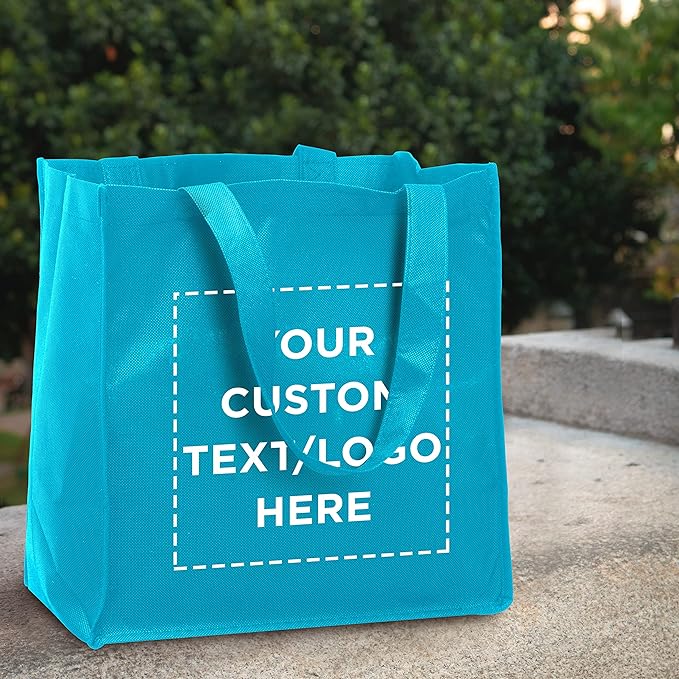 DISCOUNT PROMOS Custom Reusable Cloth Grocery Shopping Tote Bags Set of 10/50/100, Personalized Bulk Pack - Foldable, Washable, Shopper Bag - Sky Blue