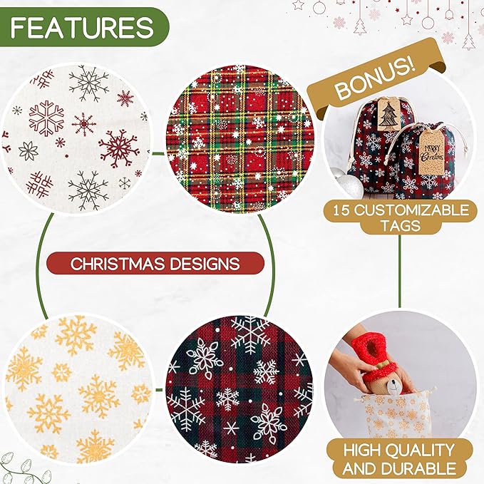 12 Pack Reusable Christmas gift bags with 15 gift tags. Gift sacks. Fabric drawstring holiday gift bags in assorted sizes. Xmas bags for presents, parties & stocking stuffers. (CE3)