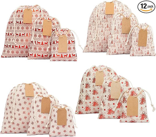 12 Pack Reusable Christmas gift bags with 15 gift tags. Gift sacks. Fabric drawstring holiday gift bags in assorted sizes. Xmas bags for presents, parties & stocking stuffers. (CE)