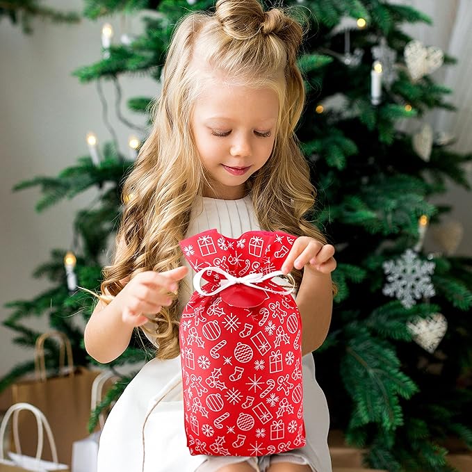 Fabric Gift Bags for Christmas Presents - 6 Pcs Holiday Bags with Drawstring, Large Christmas Gift Bags for Presents, Gift Wrap Reusable Bags for Gifts (Red Designs)