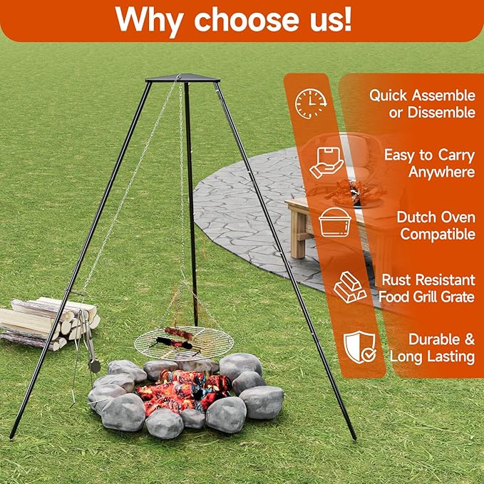 Campfire Tripod for Cooking, Campfire Cooking Equipment, Round Grill Grate with Adjustable Height for BBQ Picnic Outdoor Cookware Party & Collapsible Legs for Easy Storage