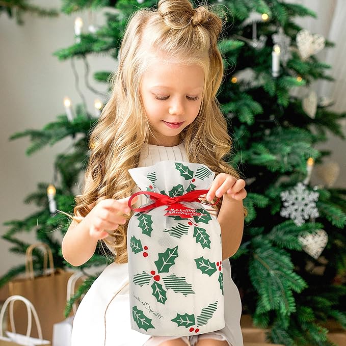 Fabric Gift Bags for Christmas Presents - Set of 6 Christmas Bags with Drawstring, Large Gift Bags for Presents, Xmas Gift Wrap, Reusable Drawstring Bags for Gifts (Holly Large)