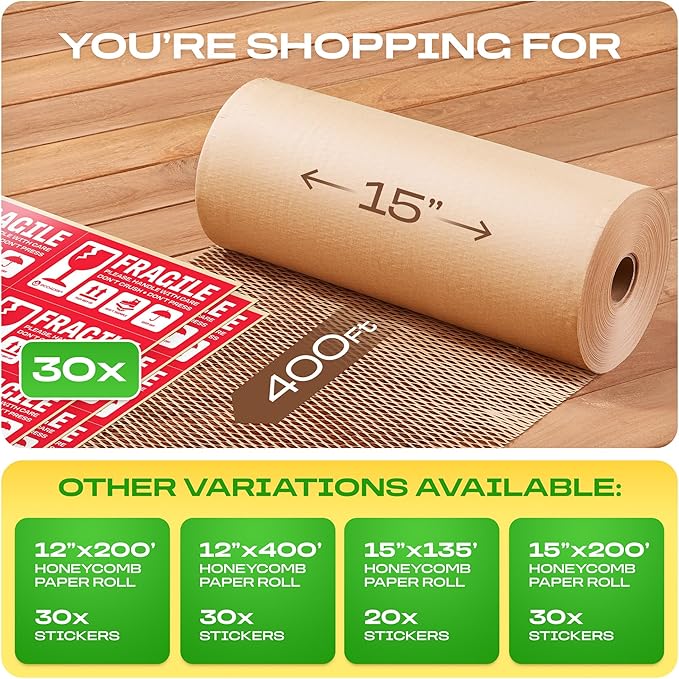 Honeycomb Packing Paper | Extra Thick 90 GSM Packing Wrap | Biodegradable Packing Materials: 15” x 400’ Moving Paper + 30 Fragile Stickers | Paper Bubble Wrap/Packing Bubbles Substitute