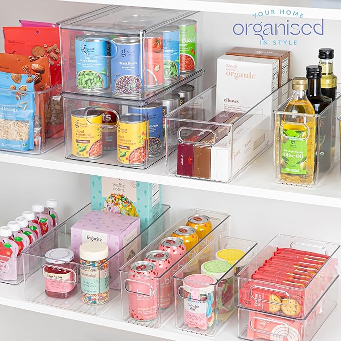 primebox Plastic Food Storage 4 Pack Clear Container Bin with Handles for Organizing Kitchen, Pantry, Fridge, Freezer, Pantry, Bathroom. 14"x6"5"