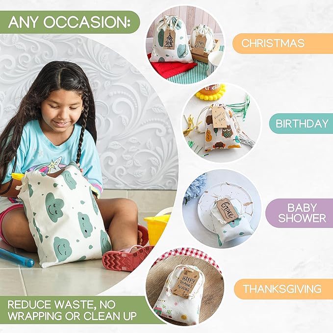 12 pcs Reusable gift bags. Bonus: 15 Gift tags & String. Multipurpose Gift wrap bags. Fabric gift bags. Gift bags assorted sizes for Holiday gifts, birthdays, parties. 12th Ed.