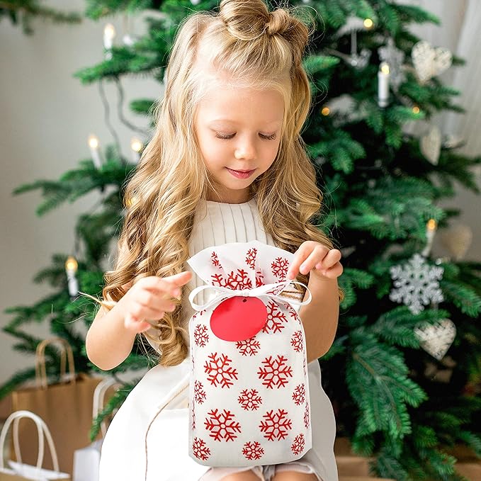 Fabric Gift Bags for Christmas Presents - 6 Pcs Gift Wrap Christmas Bags with Drawstring, Large Xmas Gift Bags for Presents, Reusable Xmas Bags for Gifts (Glitter Red, Assorted)