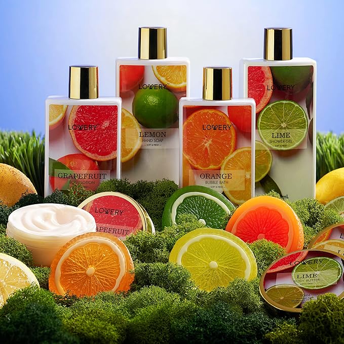 Christmas Gifts for Women, 20Pc Care Package, Bath Gift Baskets for Men, Mom, Her, Sister, Best Friends in Orange, Lemon, Lime & Grapefruit Scents, Stress Relief Spa Kit, Thank You, Birthday Gifts