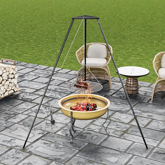 Campfire Tripod for Cooking, Campfire Cooking Equipment, Round Grill Grate with Adjustable Height for BBQ Picnic Outdoor Cookware Party & Collapsible Legs for Easy Storage