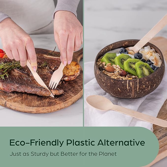PURPLECLAY Wooden Disposable Cutlery Set, 360 PCS (120 Forks, 120 Spoons, 120 Knives) – Eco-Friendly Compostable Biodegradable Wooden Utensils, Plastic-Free Party Cutlery Set