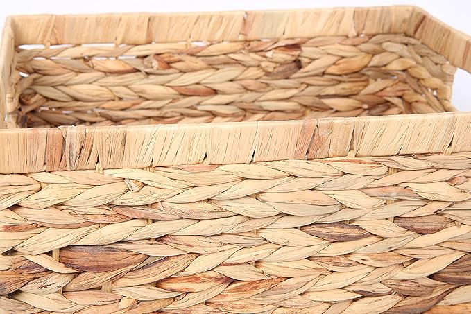 Rectangular Woven Water Hyacinth Storage Baskets with inside Handle for Shelves Bathroom Kitchen Office Desk (Style A)