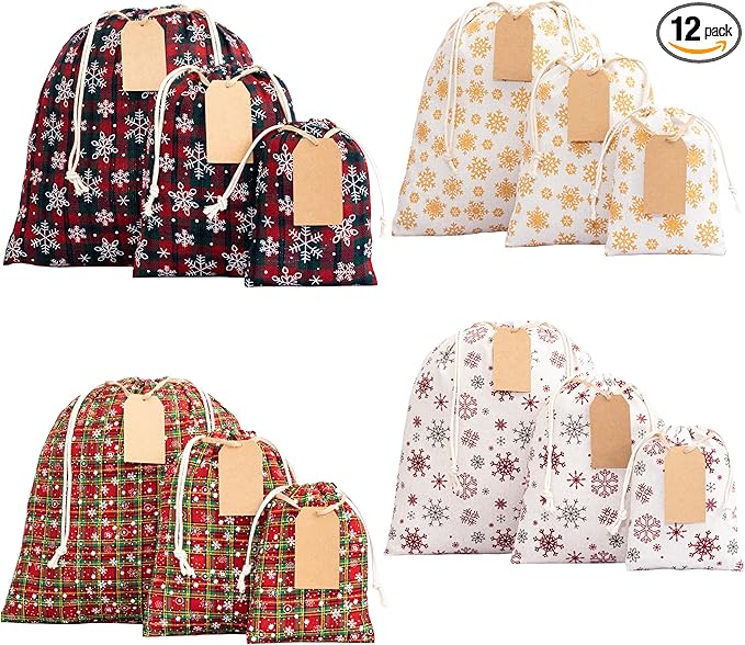 12 Pack Reusable Christmas gift bags with 15 gift tags. Gift sacks. Fabric drawstring holiday gift bags in assorted sizes. Xmas bags for presents, parties & stocking stuffers. (CE3)