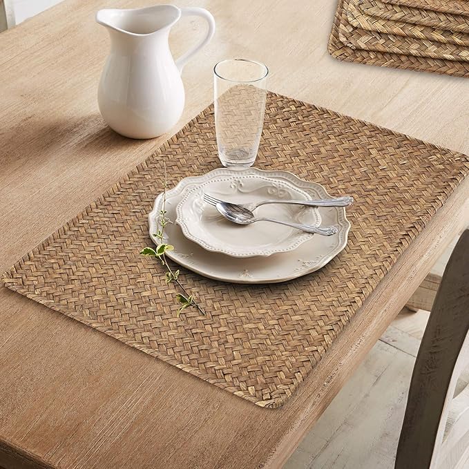 OwnMy Pack of 6 Natural Seagrass Placemats Woven Rattan Place Mat Rectangular Table Mats, 17" x 12" Sea Grass Meal Placemat Bamboo Place Mats for Dining Table Home Kitchen Picnic Table Decor (Coffee)