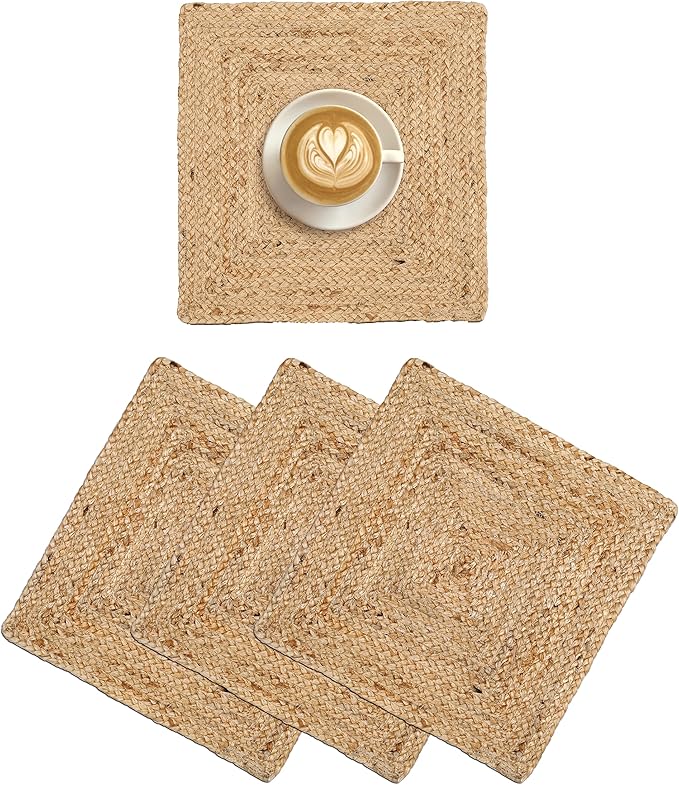 Hausattire Jute Braided Placemats 14x14 Inches Set of 4 Reversible Handwoven Boho Vintage Placemats for Kitchen Dining Tables|BBQ's Thanksgiving Decor Weddings Indoor & Outdoor Parties|Natural