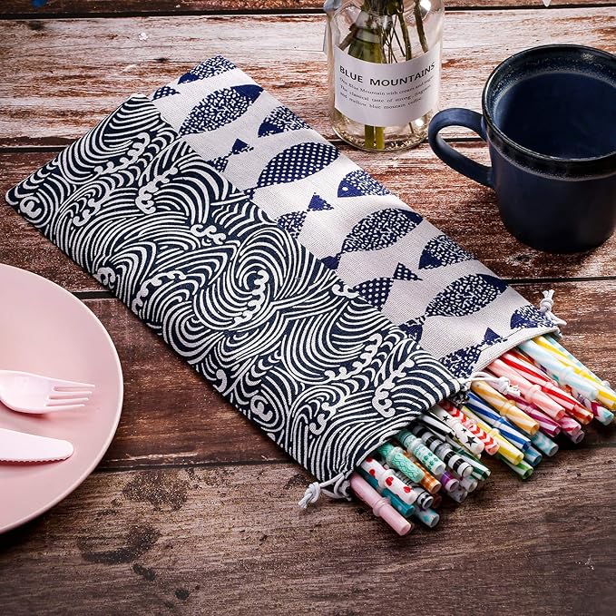 Tatuo 5 Pieces Straw Carrying Case Reusable Cutlery Pouch Portable Drawstring Bag, Storage Travel Bag for Straws, Knife, Fork, Spoon,chopsticks Stainless Steel,glass,silicone(11.7 x 3.9 Inch)